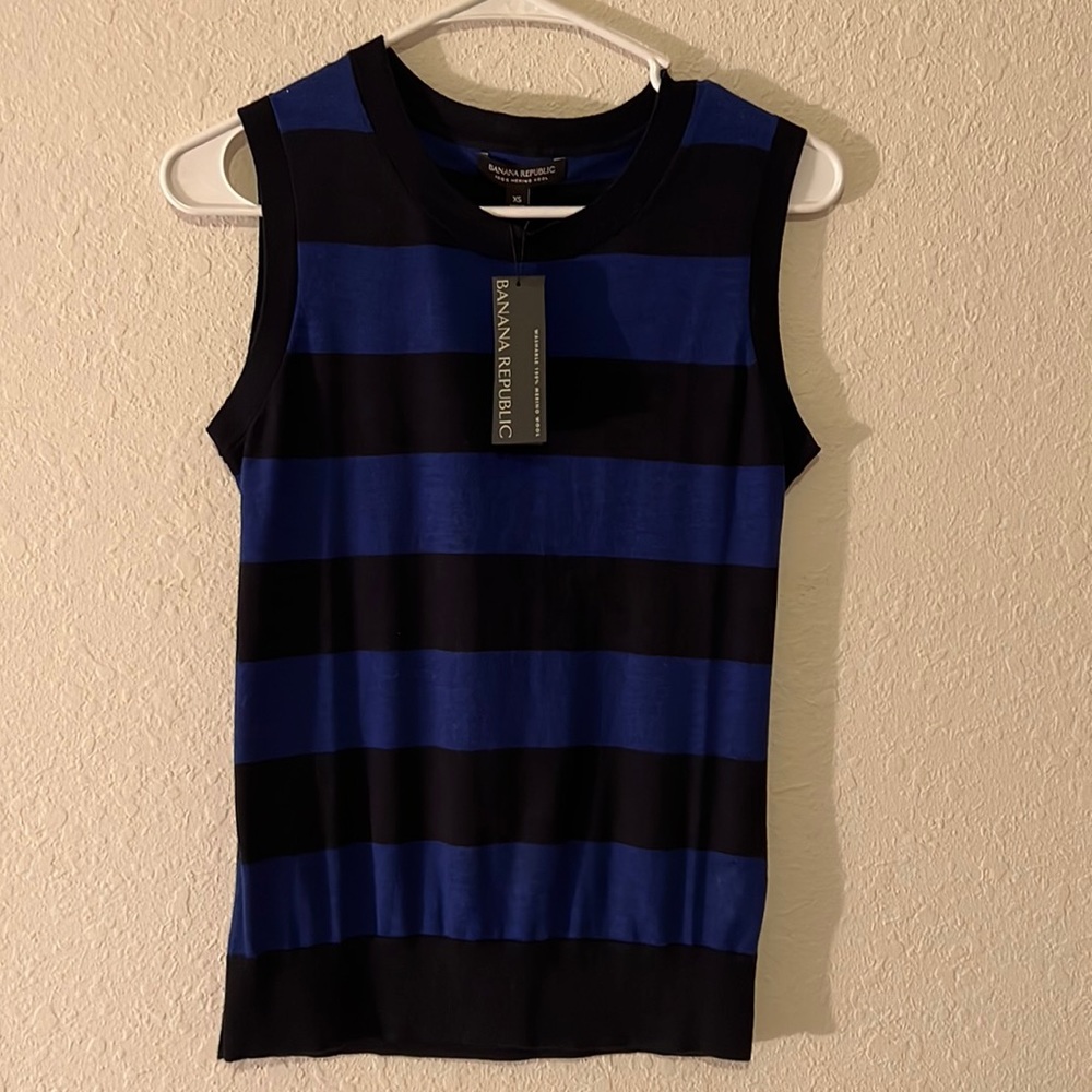 Banana Republic merino wool sleeveless sweater top in black and blue stripe
